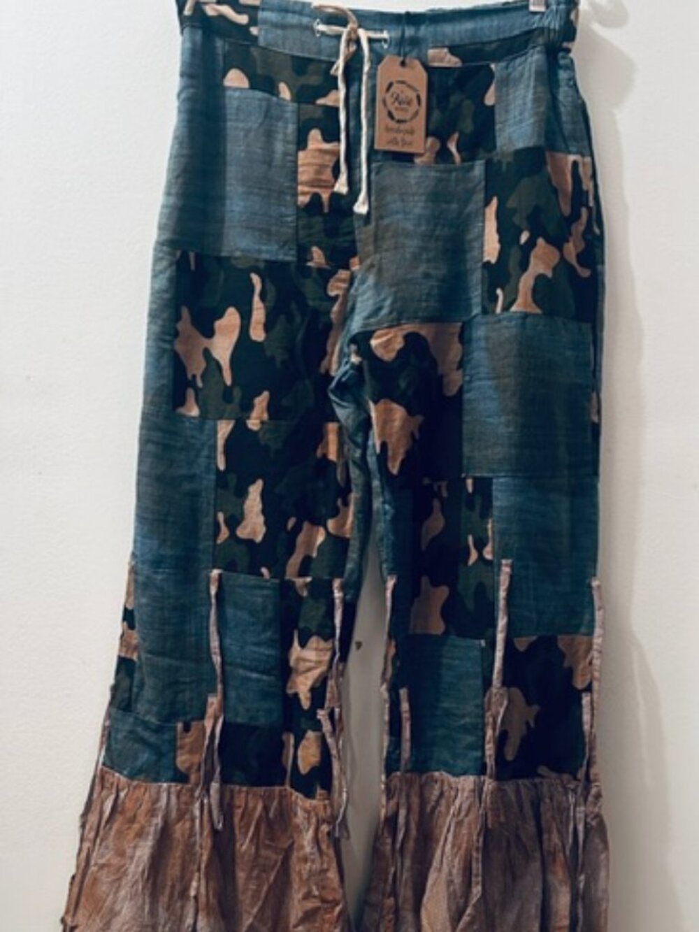 A Rare Bird Camo Tough Patchwork Ruffle Elastic Tie Adjustable Waist Pants NWT